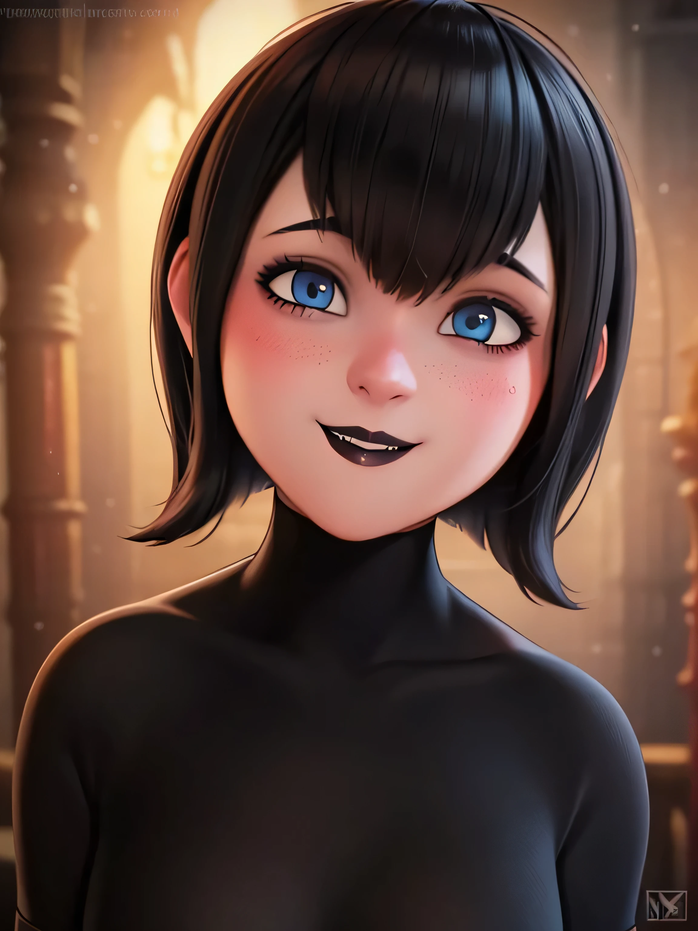 (Dark theme:0.6), mevis, 1 girl, short hair, black fur, Focus only, black eyes, make up, lipstick, BLACK LIPS , smile (HdR:1.22), Muted colors, complex background, hyperdetailed, until [[by jordan grimmer]]