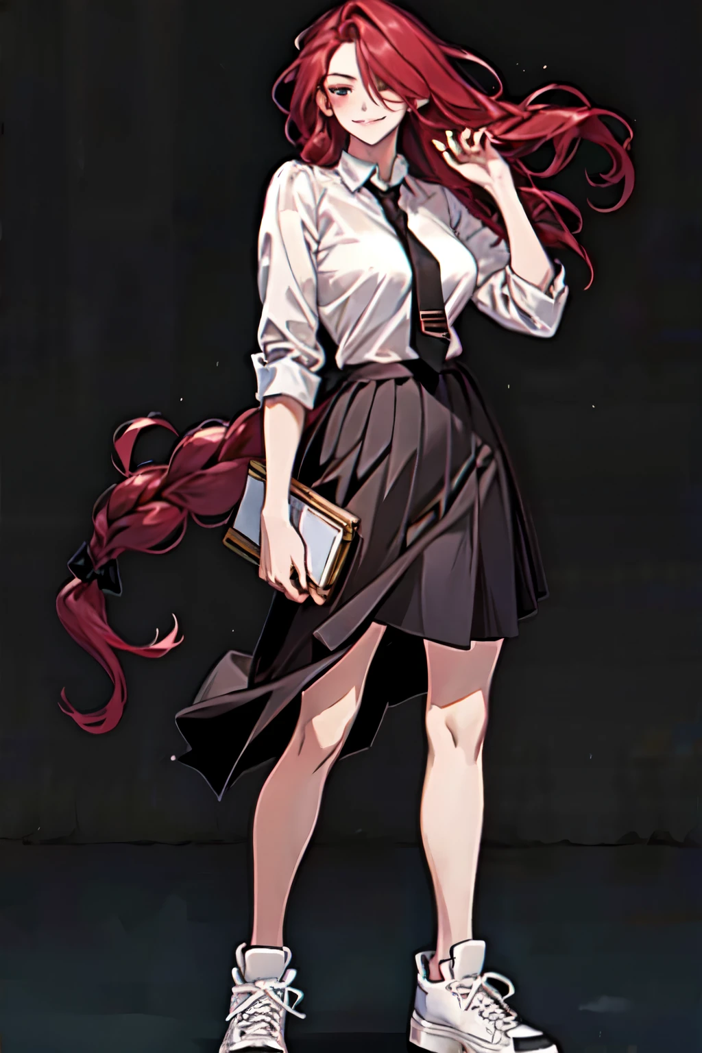 (masterpiece, best quality:1.2), 1girl, solo , emel , hair over one eye , white shirt , grey necktie , black necktie , frilled skirt , grey skirt , sneakers , shoes , very long hair , braided hair , single pony tail , fulbody , standing , large breast , red hair , simple background , taunting , smirk , school girl , shocks