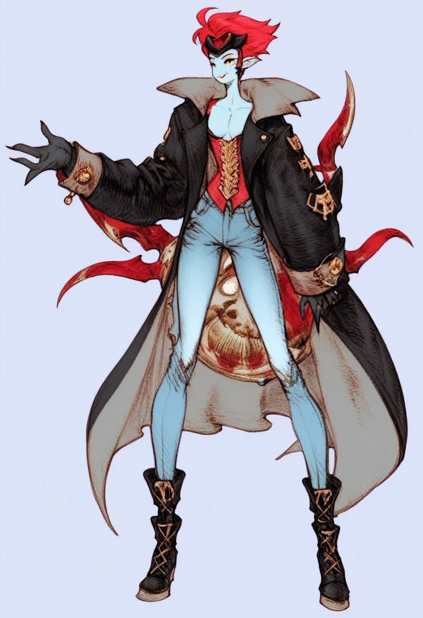 Oc,na’vi, a alien blue skin skinny buff femboy man wearing black trench-coat with a red mark on the bust,red hair,thick, in an 90’s style. He’s androgynous , fullbody,including some weapons and a sensual , cool expression.The scene has a cool,sweet,stargate/Bill Sienkiewiczy/Planescape Torment style and a vibrant tone. Modern urban setting in the background.