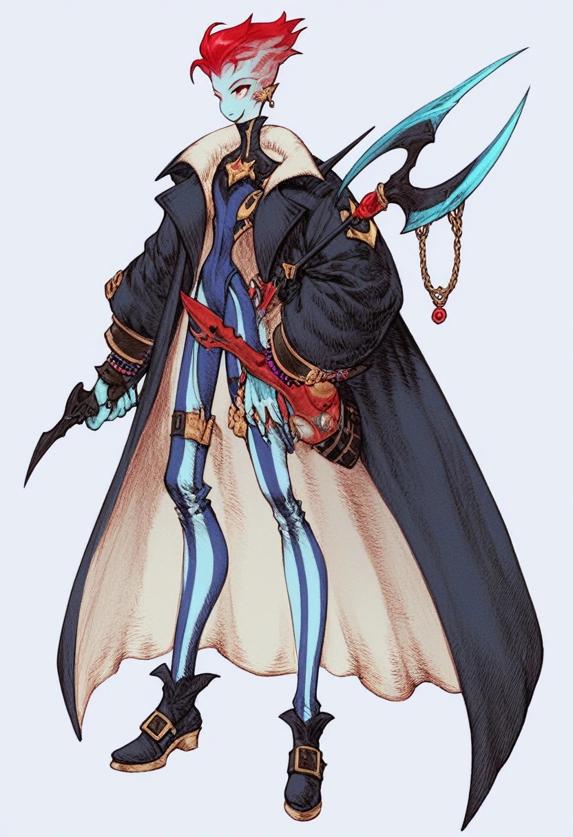 Oc,na’vi, a alien blue skin skinny buff femboy man wearing black trench-coat with a red mark on the bust,red hair,thick, in an 90’s style. He’s androgynous , fullbody,including some weapons and a sensual , cool expression.The scene has a cool,sweet,stargate/Bill Sienkiewiczy/Planescape Torment style and a vibrant tone. Modern urban setting in the background.