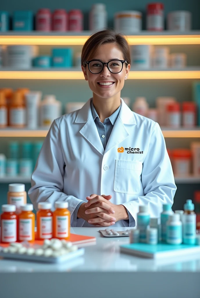 Create a promotional image with medicine for Micro Chemist including the following promotional lines "Bringing Health to Your Home. Micro Chemist—Your Trusted Online Chemist." The text must be strictly not blurry and must be clear