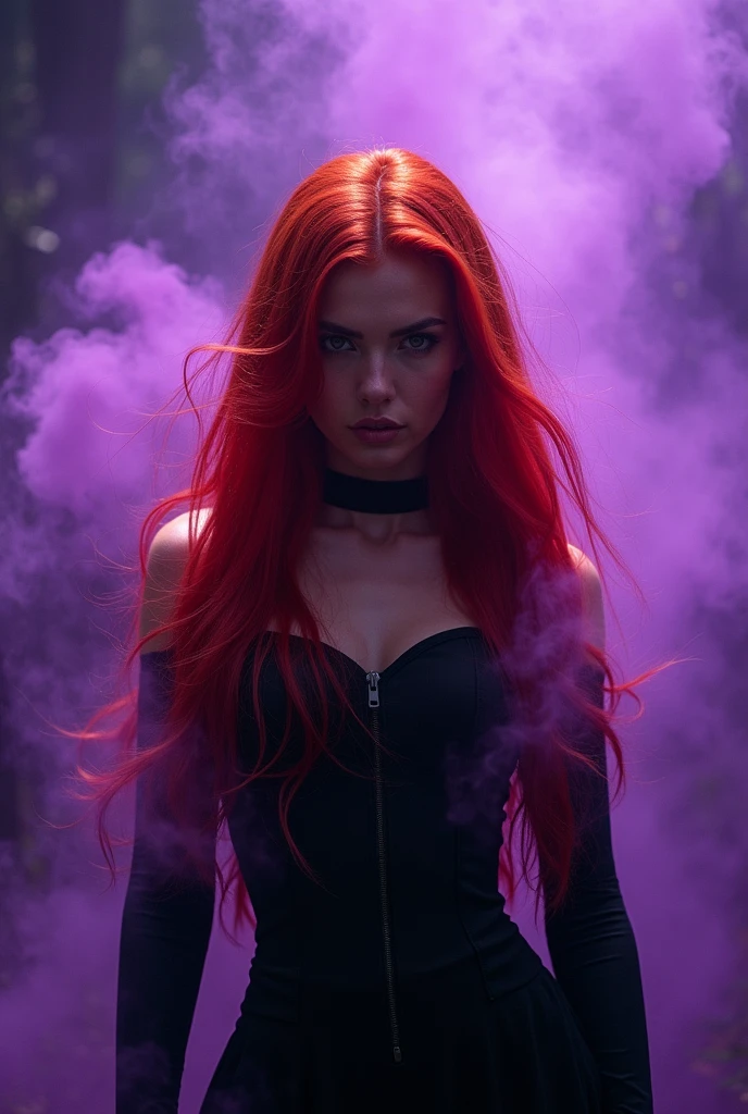 create a red-haired woman with long hair and thin lips, an intimidating gaze, and a purple smoke emanating from her back