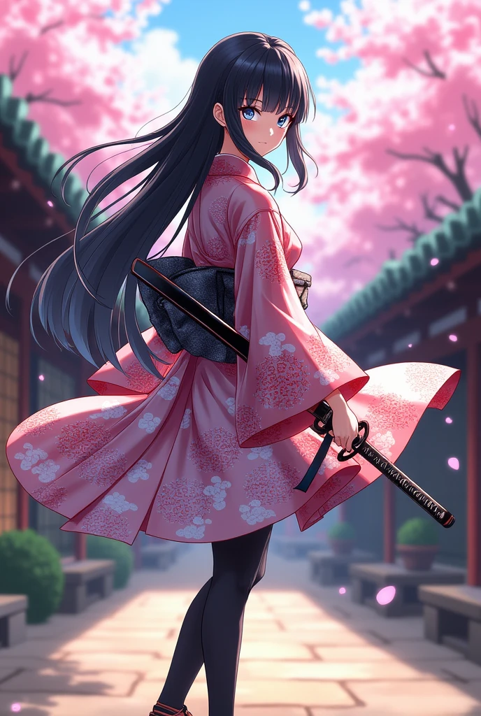 Anime, girl, Yukata, katana, black hair, long bangs, falling forward and covering part of her face, silver eyes, black pantyhose, sandal high heels 