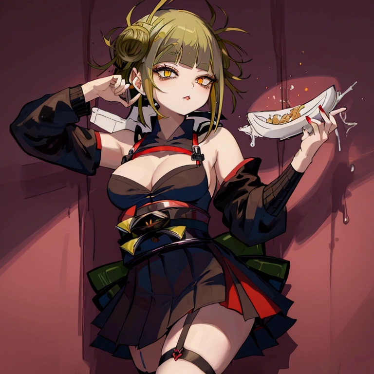 Himiko Toga,(Alone),(A girl alone:1.2),(Solo portrait of himiko toga:1.5),(Himiko togaMHA:1.5),(boku no hero academia),(short blonde hair with two messy pulps in her hair and yellow eyes with cat pupils)(Blonde hair:0.8),(short hair:0.9),(yellow eyes),(thin pupils),(Wearing),+,Wearing),+,(\A maid uniform with The apron is made of sheer, almost translucent black lace, which barely hides the maid's curvaceous body underneath. The front falls scandalously low, exposing the fullness of her breasts and most of her cleavage. Thin straps hold the apron in place, digging into your shoulders and drawing attention to your toned arms. Her corset is a slinky red number with built-in push-up cups that enhance her already impressive bust size. The corset has a deep V-neckline that disappears into the apron, emphasizing her ample cleavage. Thong-style laces crisscross her back, drawing attention to her narrow waist and the tantalizing hint of her ass. Her miniskirt is made from the same sheer lace as her apron, ending at mid-thigh to give a full view of her toned legs and the red garter belt wrapped around them. The garter belt supports fishnet stockings that ride up mid-thigh, adding a touch of fetish to the overall look. On her feet, she wears stiletto heels with ankle straps, enhancing her seductive and leggy appearance. Her hair is styled in loose, tousled waves, framing her face and drawing attention to her full lips, painted a bold crimson red. To complete the look, she uses a white duster as a prop, using it to tease and caress her own body in suggestive ways. The overall effect is one of unabashed, unapologetic sexuality packaged in a classic maid uniform that has become entirely explicit and provocative.)/,+,(\Facing the front of the fourth wall looking at the fourth wall:1.5)/