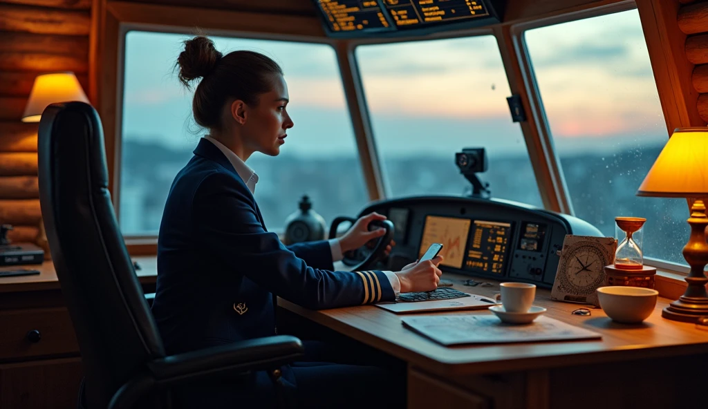 a raw cinematic scifi scene of a beautiful 30 year-old businesswoman, with an oval shaped face, brown bun hair, pale skin, detailed skin, detailed face, with an excited expression, wearing a dark blue business suit with an anchor logo on the chest, decorated with ship captain styled stripes on the cuffs, wearing a white shirt underneath, wearing a black tie, wearing a smart watch on her hand. She is sitting back in a black leather business styled chair with a high backrest. her two hands holding the steering wheel of the plane simulation AR game, motion blur. In front of her is a large wooden table. On the table is a large desktop screen that is on displaying a stock chart, a smart phone that is on displaying Google maps on a stand, a white cup of hot tea that is steaming strongly. there are some entrepreneur magazines, a small classic hourglass, a small antique compass on the table. There is a big wooden model sailboat on her side. She looked forward with hope and determination, sitting right next to the window on her left side, in a cozy, classic, wooden rustic log cabin, decorated in the style of plane cockpit, softly lit with interior lighting, on the wall hung an antique leather map and many antique clocks, antique compasses. The wooden window was half-drawn with white curtain, outside was a low-rise view of high-rise buildings in the pre-dawn hours. fairytale landscape, vibrant natural colors, fairytale-like setting, sense of wonder and adventure, Sony A7 III camera, Kodak Gold film, wide angle lens, f/1.8, photography techniques, capturing the ethereal beauty of the moment, A touch of starlight glitter and rainbow's adds magic to the composition, photo realistic, soft natural cinematic lighting, detailed with intricate details, side angle view
