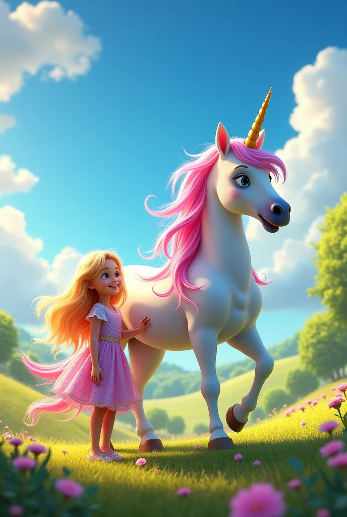 Make a Disney Pixar-style poster, in 3D, a girl with blonde hair colour standing with a unicorn , make a photo of 9:16