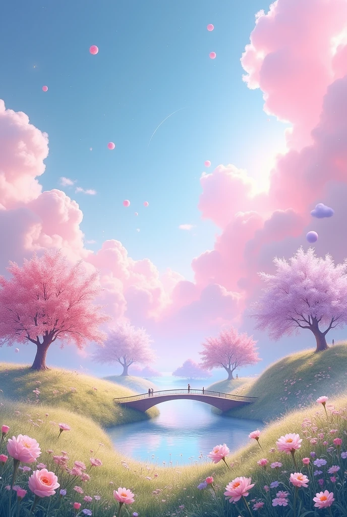 Create a serene and whimsical Daydream Realm characterized by a landscape of soft, pink clouds floating gently across the sky. The foreground features a lush, dreamy field with pastel-colored flowers and floating, iridescent orbs. Incorporate elements like delicate, translucent bridges made of dream energy and gentle, sparkling streams flowing through the scene. The midground should include graceful, ethereal trees with pastel leaves and floating islands connected by wispy, glowing trails. In the background, depict a sky filled with swirling, soft pink and lavender clouds, with occasional glimpses of distant, fluffy cloud formations. Ensure the entire scene is bathed in a warm, calming glow, creating a peaceful, otherworldly atmosphere
