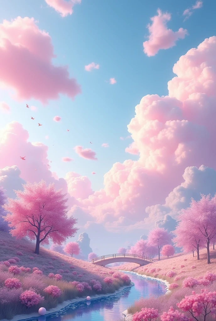 Create a serene and whimsical Daydream Realm characterized by a landscape of soft, pink clouds floating gently across the sky. The foreground features a lush, dreamy field with pastel-colored flowers and floating, iridescent orbs. Incorporate elements like delicate, translucent bridges made of dream energy and gentle, sparkling streams flowing through the scene. The midground should include graceful, ethereal trees with pastel leaves and floating islands connected by wispy, glowing trails. In the background, depict a sky filled with swirling, soft pink and lavender clouds, with occasional glimpses of distant, fluffy cloud formations. Ensure the entire scene is bathed in a warm, calming glow, creating a peaceful, otherworldly atmosphere