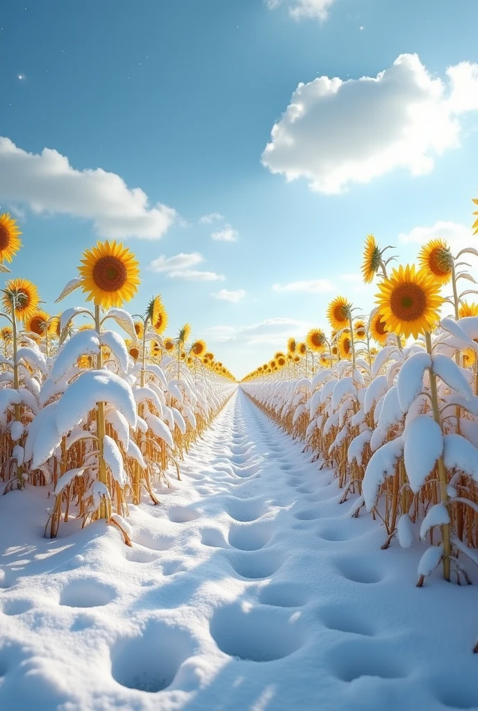 sunflower field covered by snow