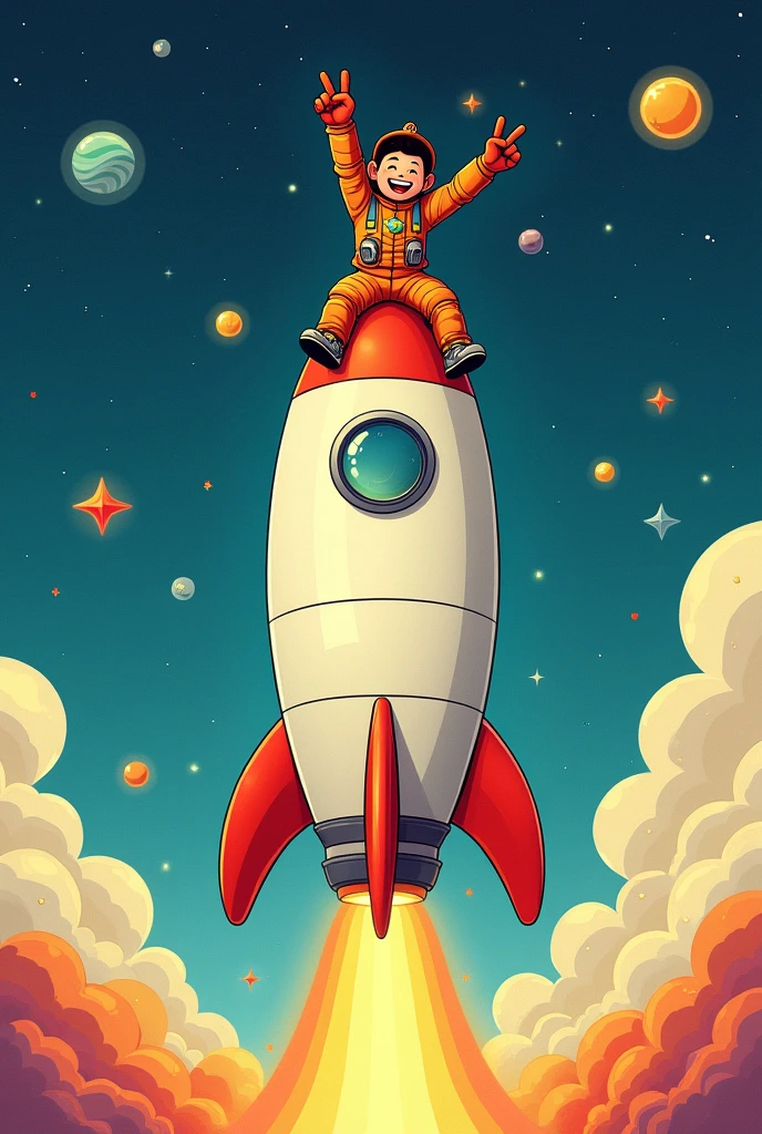 DRAW A MAN SITTING ON TOP OF A ROCKET IN THE SHAPE OF A DRAWING WITH TWO FINGERS MAKING THE VICTORY SYMBOL
