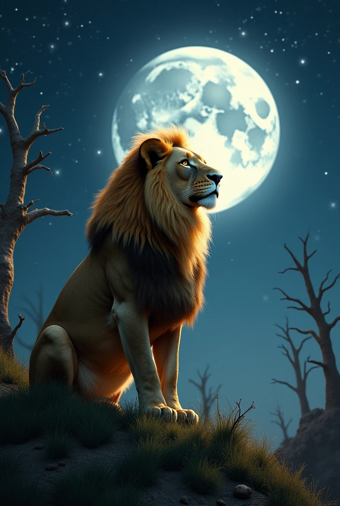 **positive:**
"A majestic golden-furred lion sits on a hilltop, admiring the full moon that shines brightly in the night sky. His posture is serene and powerful, and his eyes reflect the moonlight, conveying a sense of peace and connection with nature."
**Neg:**
"A solitary lion with scars on his skin gazes at the full moon in the sky, His expression is one of melancholy and weariness. The surrounding environment is desolate, with dry trees and a somber atmosphere, reflecting the sadness and isolation of the lion as he contemplates the empty night."