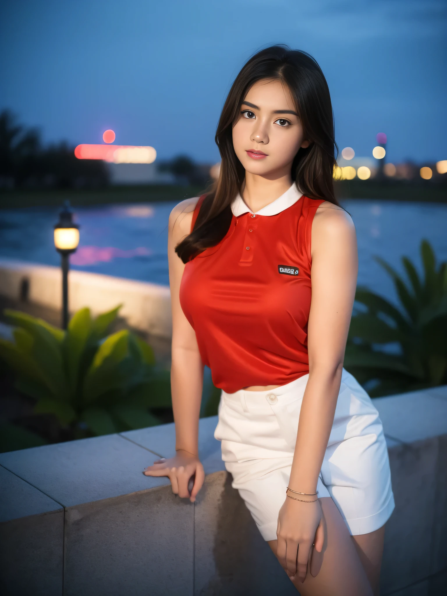 1girl, (uniform), standing, outdoors, night view, detailed Metropolitan city at the background, (above head shot: 1.4), detailed face, detailed eyes, brunette, big breasts, smooth realistic skin, semi-curvy body, wearing red tanktop and thin white hot pants, looking at the audience, (8k, RAW photo, best quality, masterpiece: 1.2), (realistic, realistic: 1.37), ultra-high resolution