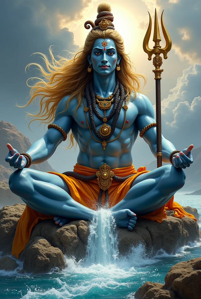 draw a photo of lord shiv with blonde hair, sharp jawline, matts in hair, cobra around the neck, ganga river flowing from his matted locks, carrying a trishul in one hand and a pellet drum in another hand seating on tiger's skin