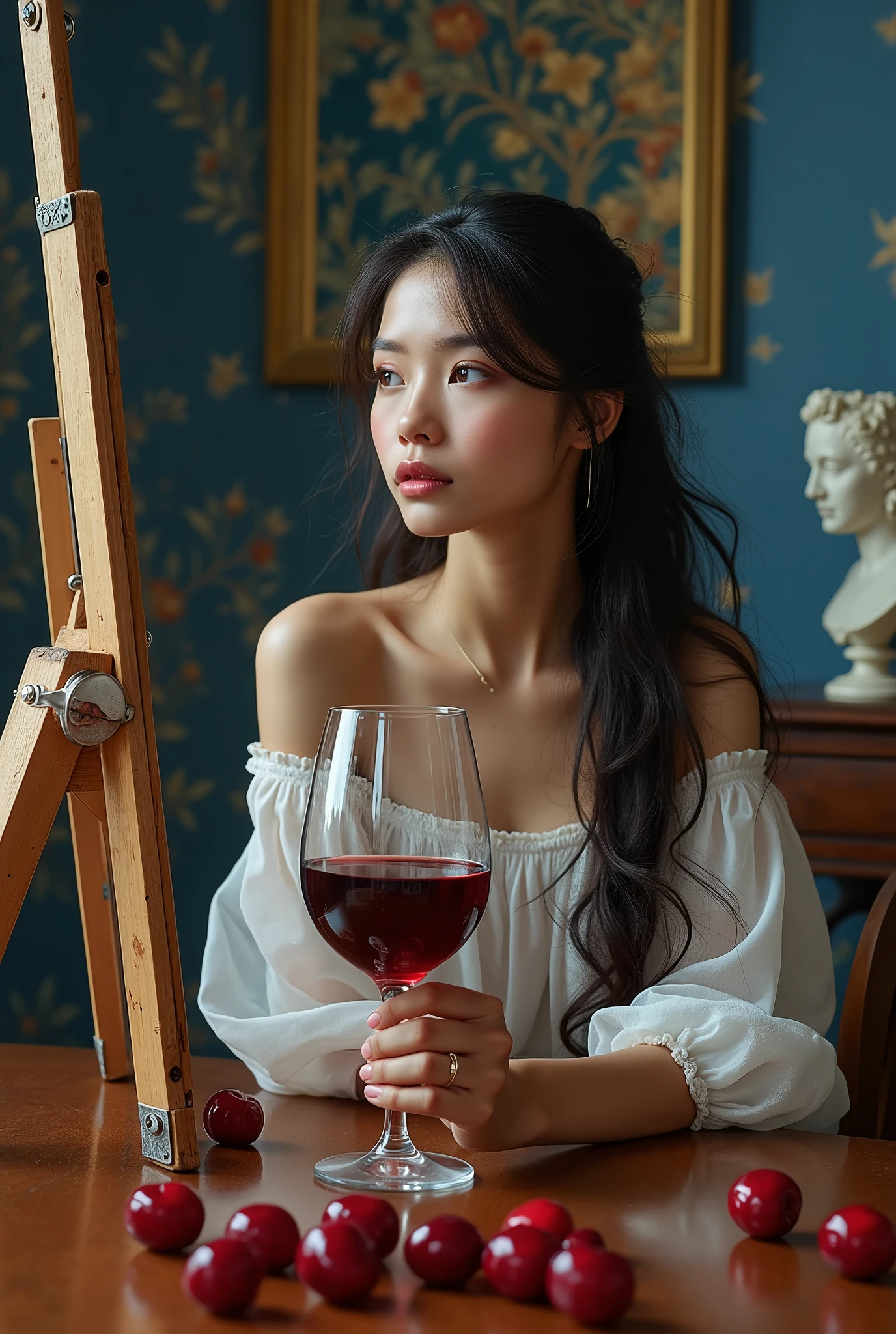 Beautiful girl holds the aesthetic glass with red wine, painting a picture, cherries on the table, botanical illustrations from the Renaissance, antique sculptures, medieval architecture, blue color in the background, advertising style, soft light, realistic.