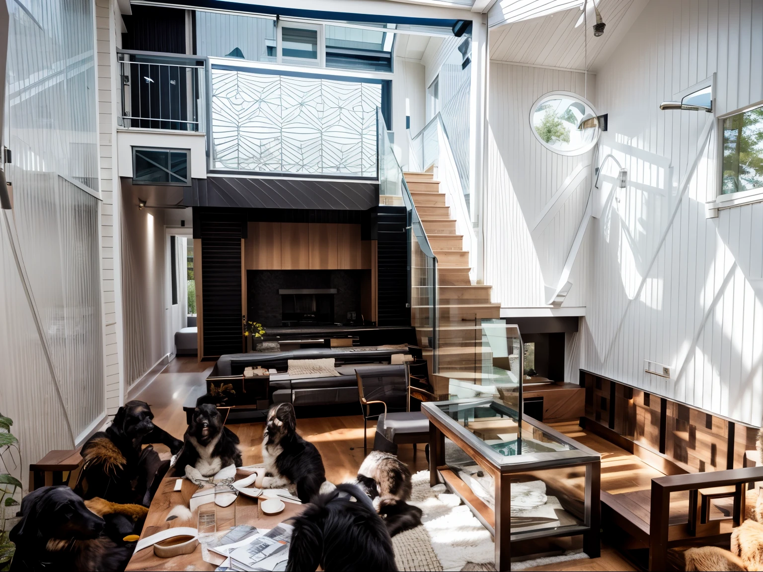 house exterior contemporary style, modernism, glass doors and windows,black metal rail, conwood ceilling, masterpiece, highquality, realistic photo, canon eos 5D mark, natural light,