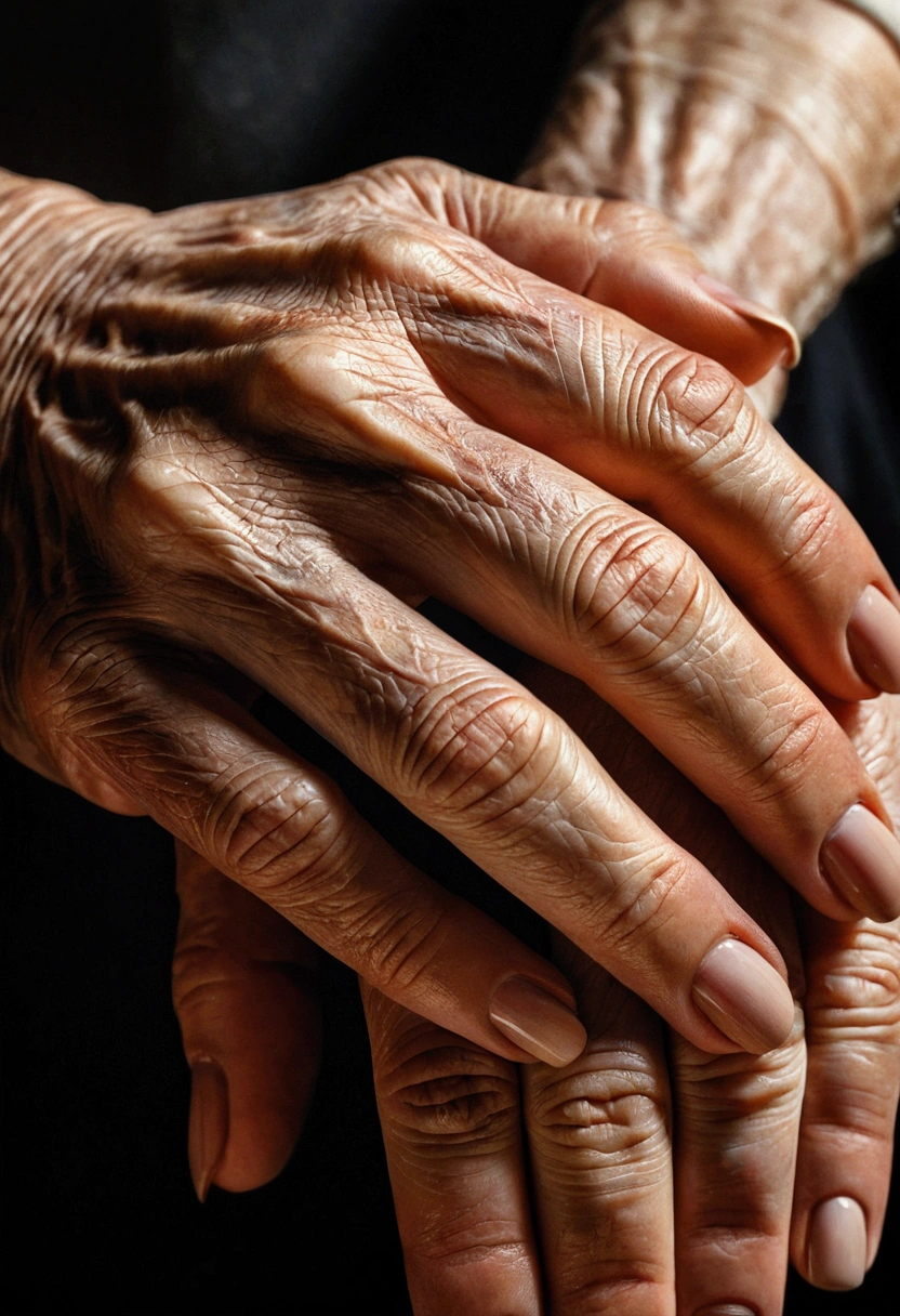 Close-up of Hands, a close-up portrait of a person's hands, detailed skin texture, veins, wrinkles, delicate fingers, intricate gestures, warm lighting, soft focus, cinematic composition, dramatic chiaroscuro, hyper-realistic, rich tones, oil painting, masterpiece, best quality, very aesthetic, absurdres