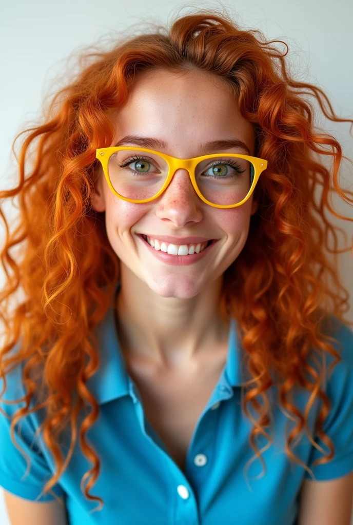 photorealistic, half-length portrait, a fashion smiling young woman, green eyes, red curly hair, freckles. wearing yellow round glasses, blue polo shirt, white background, high resolution, intricate details, 8k