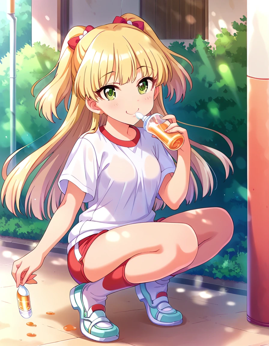 score_9, score_8_superior, score_7_superior, sauce_anime,
evaluation_Sensitive, Sexually suggestive,
One person, alone, cool, Joyful, sexy，
Outdoor, Sunbeam,
 Long Hair, Blonde,   Hair Ribbon,Green Eyes, Small breasts, 
Gym suit, White gym shirt, Untucked shirt,  red buruma, socks, sneakers, Thighs，Showing off your crotch，下から見superiorげる,(Squat)
Detailed eyes, Eye Reflexes,