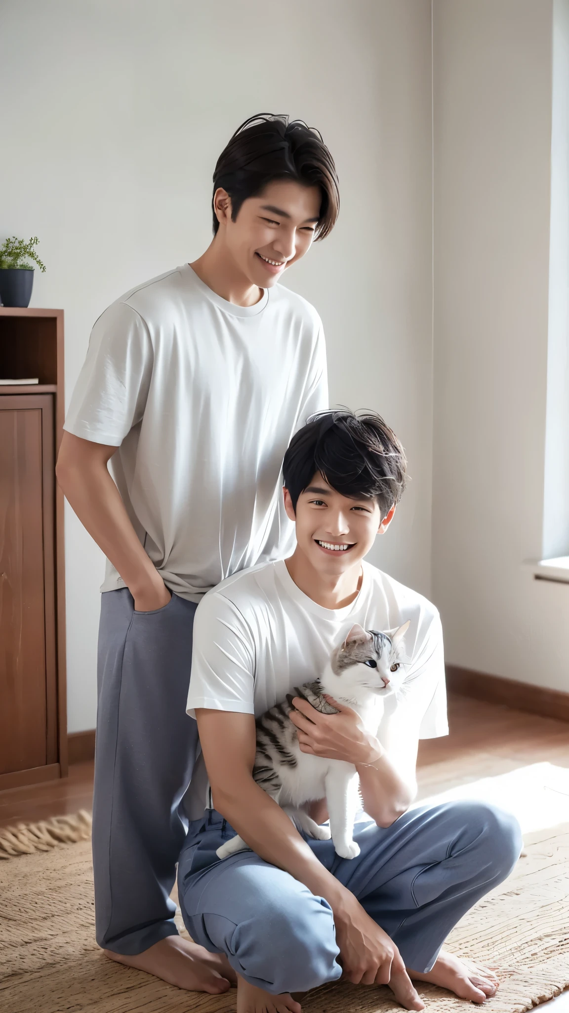 morning、Simple bright room with white as the base color、A man Crouching with a Iittle　cat１Playing with a horse、A Men３０generation、Attractive Korean、Grey T-shirt、Navy blue trousers、Innocent smile、Overall bright atmosphere。