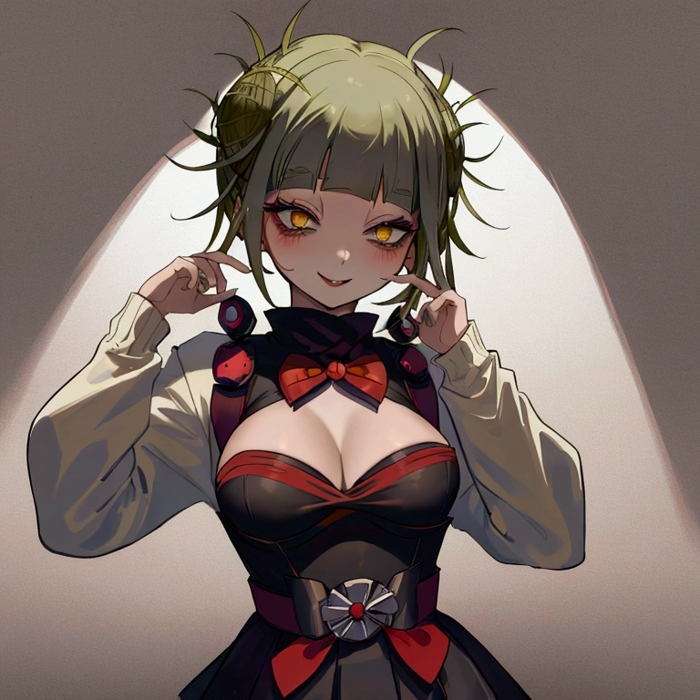 Himiko Toga,(Alone),(A girl alone:1.2),(Solo portrait of himiko toga:1.5),(Himiko togaMHA:1.5),(boku no hero academia),(short blonde hair with two messy pulps in her hair and yellow eyes with cat pupils)(Blonde hair:0.8),(short hair:0.9),(yellow eyes),(thin pupils),(Wearing),+,Wearing),+,(\A maid uniform with The apron is made of sheer, almost translucent black lace, which barely hides the maid's curvaceous body underneath. The front falls scandalously low, exposing the fullness of her breasts and most of her cleavage. Thin straps hold the apron in place, digging into your shoulders and drawing attention to your toned arms. Her corset is a slinky red number with built-in push-up cups that enhance her already impressive bust size. The corset has a deep V-neckline that disappears into the apron, emphasizing her ample cleavage. Thong-style laces crisscross her back, drawing attention to her narrow waist and the tantalizing hint of her ass. Her miniskirt is made from the same sheer lace as her apron, ending at mid-thigh to give a full view of her toned legs and the red garter belt wrapped around them. The garter belt supports fishnet stockings that ride up mid-thigh, adding a touch of fetish to the overall look. On her feet, she wears stiletto heels with ankle straps, enhancing her seductive and leggy appearance. Her hair is styled in loose, tousled waves, framing her face and drawing attention to her full lips, painted a bold crimson red. To complete the look, she uses a white duster as a prop, using it to tease and caress her own body in suggestive ways. The overall effect is one of unabashed, unapologetic sexuality packaged in a classic maid uniform that has become entirely explicit and provocative.)/