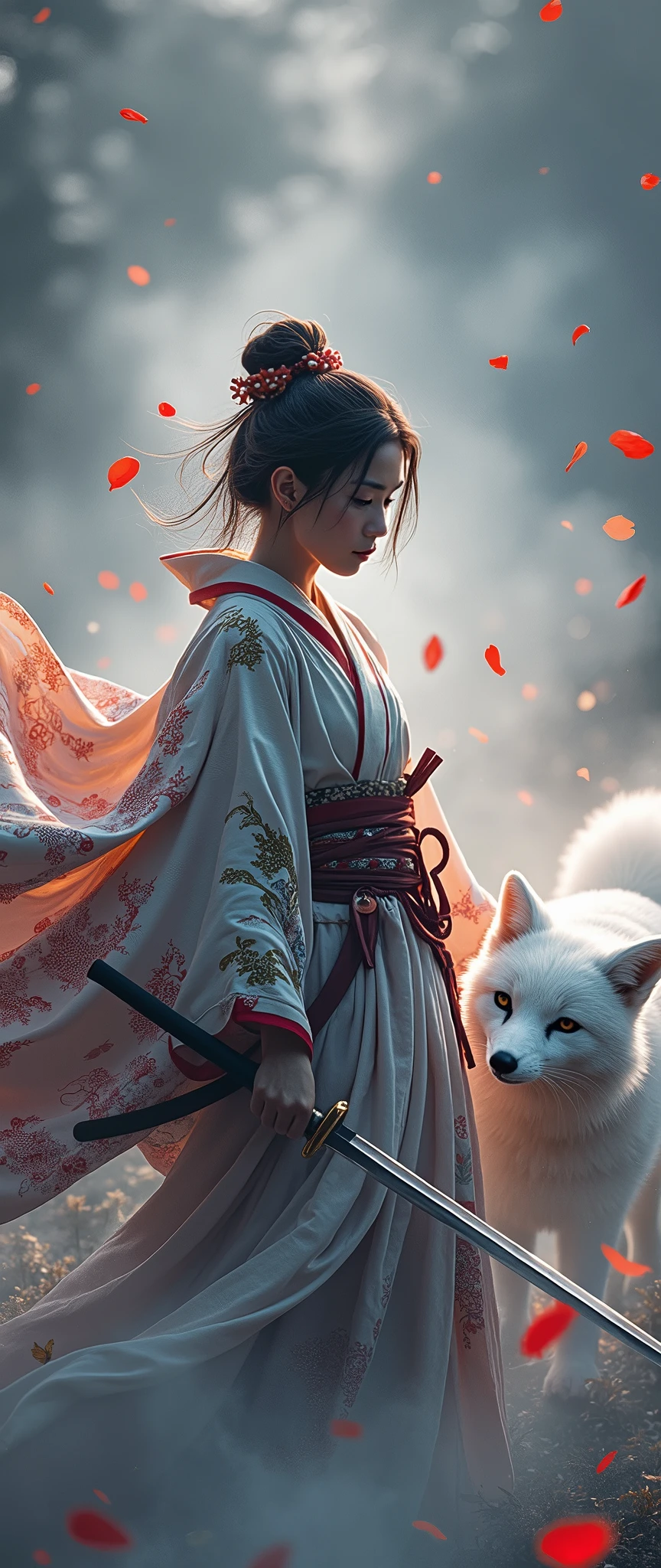 The enigmatic samurai woman (Musashi Miyamoto) wielding a long Japanese sword, Splitting with each powerful slash、Enveloped in the mist that obscures vision, Revealing a vivid and otherworldly scene, The clarity of the sword's slash against the hazy background, Mysterious Background, The white fox's sharp gaze met the viewer's., A layer of ethereal mist shrouding the foreground, Piercing, clear eyes, An exquisite and detailed kimono, Dramatic lighting and colors