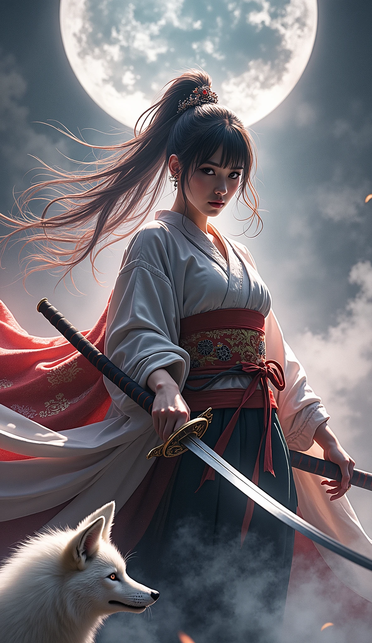The enigmatic samurai woman (Musashi Miyamoto) wielding a long Japanese sword, Splitting with each powerful slash、Enveloped in the mist that obscures vision, Revealing a vivid and otherworldly scene, The clarity of the sword's slash against the hazy background, Mysterious Background, The white fox's sharp gaze met the viewer's., A layer of ethereal mist shrouding the foreground, Piercing, clear eyes, An exquisite and detailed kimono, Dramatic lighting and colors