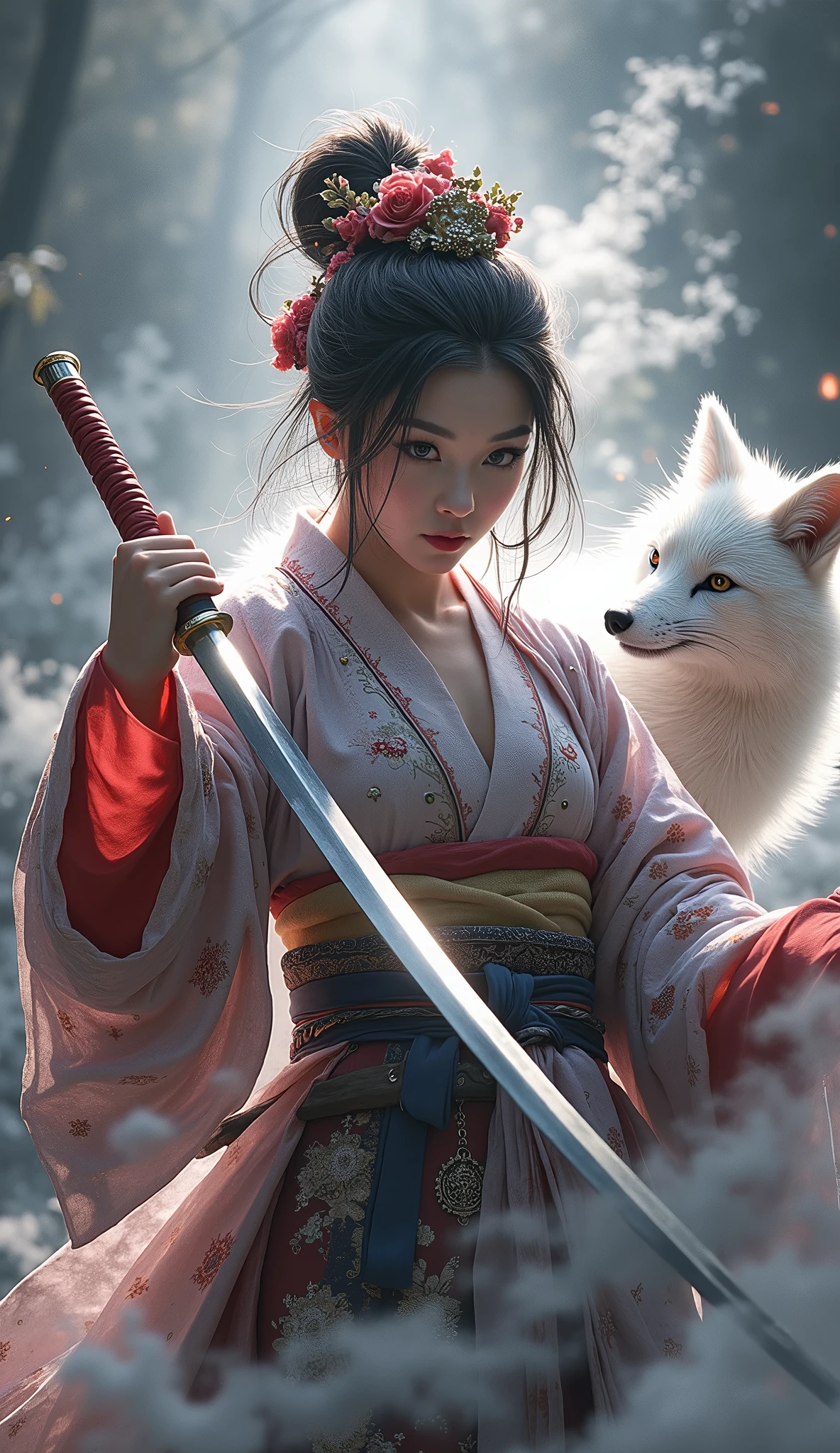 The enigmatic samurai woman (Musashi Miyamoto) wielding a long Japanese sword, Splitting with each powerful slash、Enveloped in the mist that obscures vision, Revealing a vivid and otherworldly scene, The clarity of the sword's slash against the hazy background, Mysterious Background, The white fox's sharp gaze met the viewer's., A layer of ethereal mist shrouding the foreground, Piercing, clear eyes, An exquisite and detailed kimono, Dramatic lighting and colors