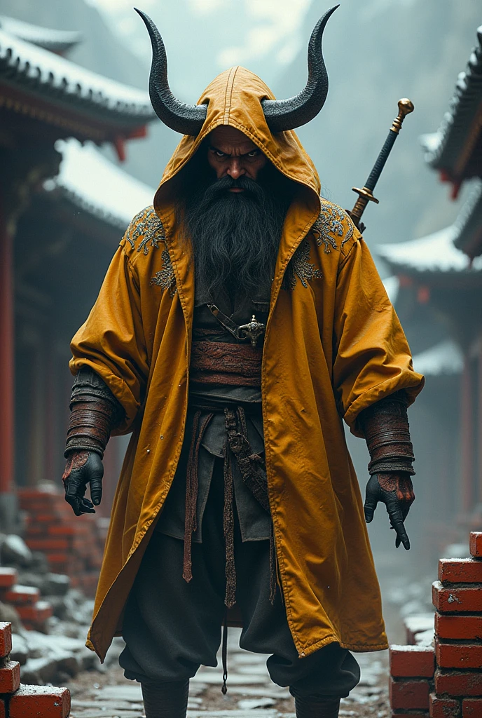 Dynamic combat pose bearded devil oni warrior golden intricate details insanely leather raincoat hooded, armored with a sword in his hand, , close-up portrait, 3D effect ultra-detailed intricate insanely full HD, golden ratio, volumetric modeling, surrounded by temple garden, spotlight embroidery, accents, intense gaze, digital painting cinematic film light, expressive eyes, ultra-realistic, ultra detailed, photorealistic, , , low-angle shot,broken red bricks wall behind with intricate details of the diorama , dramatic angle, extreme angle shot, wide-angle shot, close-up shotTired and cold expression in his face and eyes but inner grin Bearded mountain man snow covered ground, surrounded by frozen peaks, hyperrealist artwork by Iván Pili, photorealistic digital painting, accents, Green wool hat, , lens flare, at the top, , panoramic shot, His eyes have the spark of life, storm of snow at night, beard grey, , adventure, western, wild west, horror, let it snow,