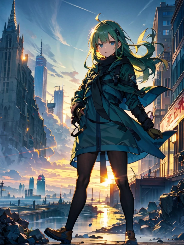 Empty City, A town above the clouds, Sky City,Black Eye,green hair, wearing a duffle coat, Falling from the sky