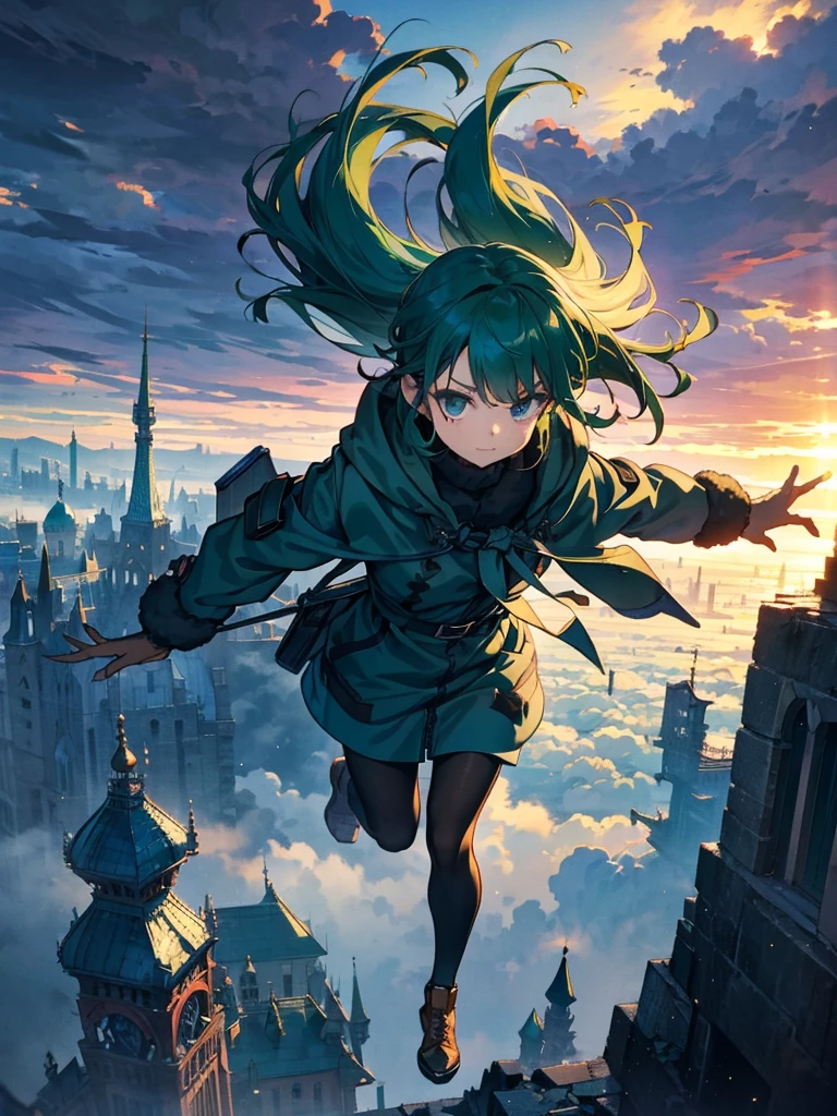 Empty City, A town above the clouds, Sky City,Black Eye,green hair, wearing a duffle coat, Falling from the sky