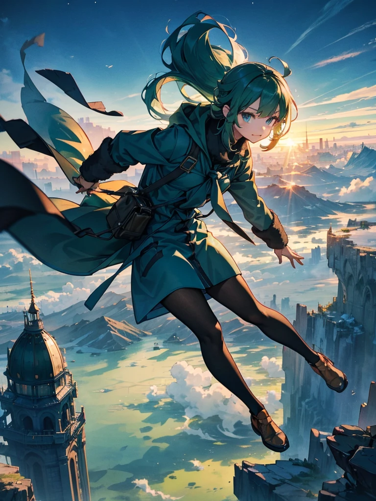 Empty City, A town above the clouds, Sky City,Black Eye,green hair, wearing a duffle coat, Falling from the sky