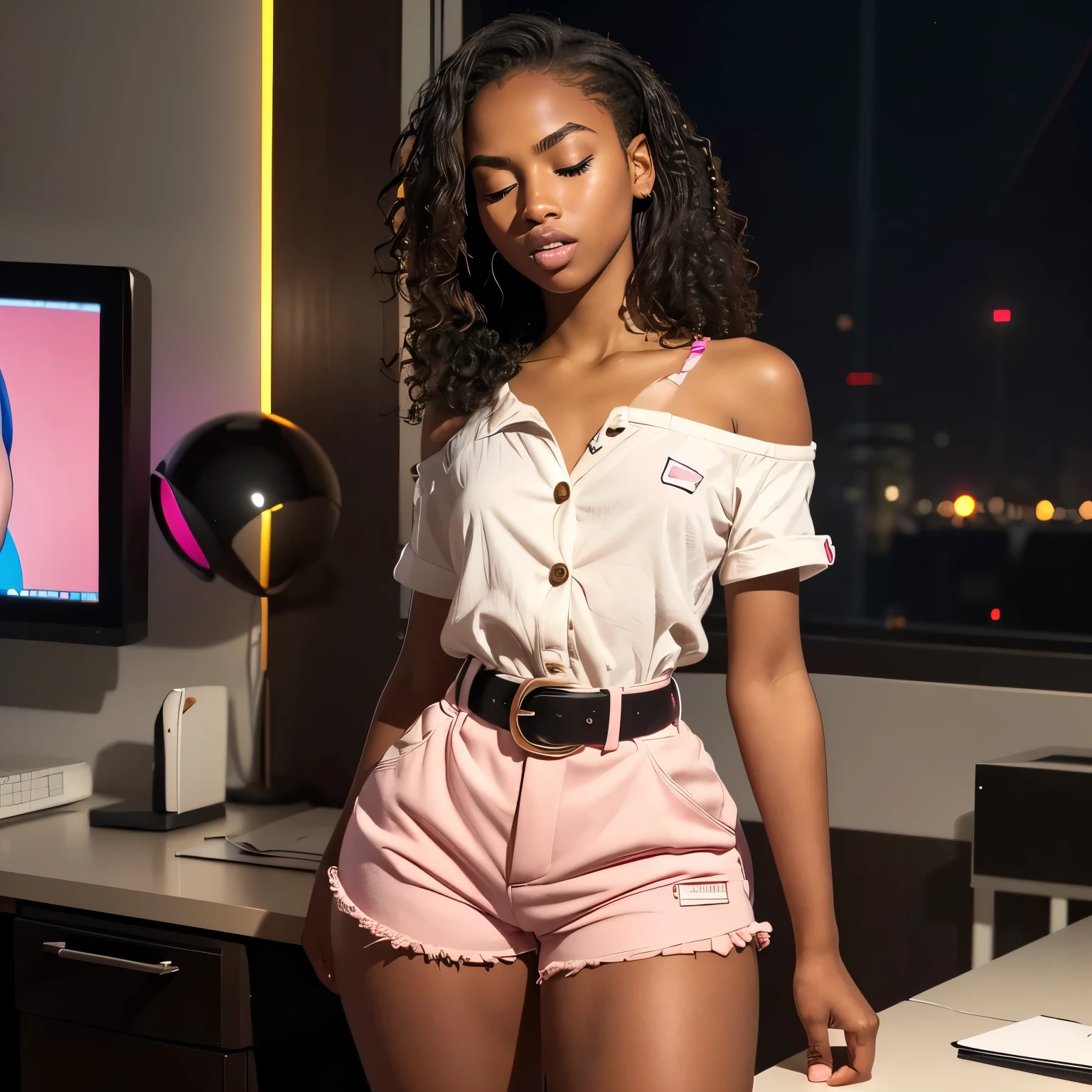 in classroom, (18 years old), (dark skin), dark skin, wide shot, blond hair, orgasm, (white button down top, pink shorts with belt), (Masterpiece, Professional lighting, 16k, 8k wallpaper, raw photo, photorealistic:1.8, ultra detailed, natural lighting, detailed skin sexy pose, open mouth, big lips, night time, eyes closed, magic energy, neon light, orgasm, screaming, narrow shoulders, thick thighs