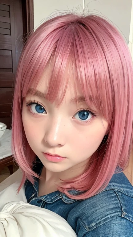 (antique style, Girly: 1.2, Pink hair: 1.1, blue eyes: 1.1, big eyes)