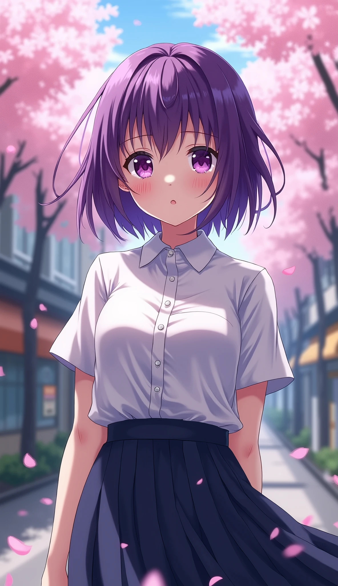 Teenage girl with purple eyes and purple short hair, wearing Japanese uniforms, semi realistic