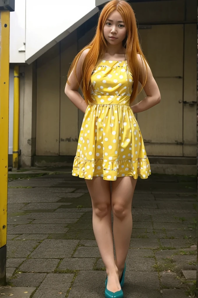 Hakufu Sonsaku, 1girl, long hair, solo, orange hair, , full body, looking at viewer, yellow polka dot dress, aqua eyes,full body, looking at viewer,