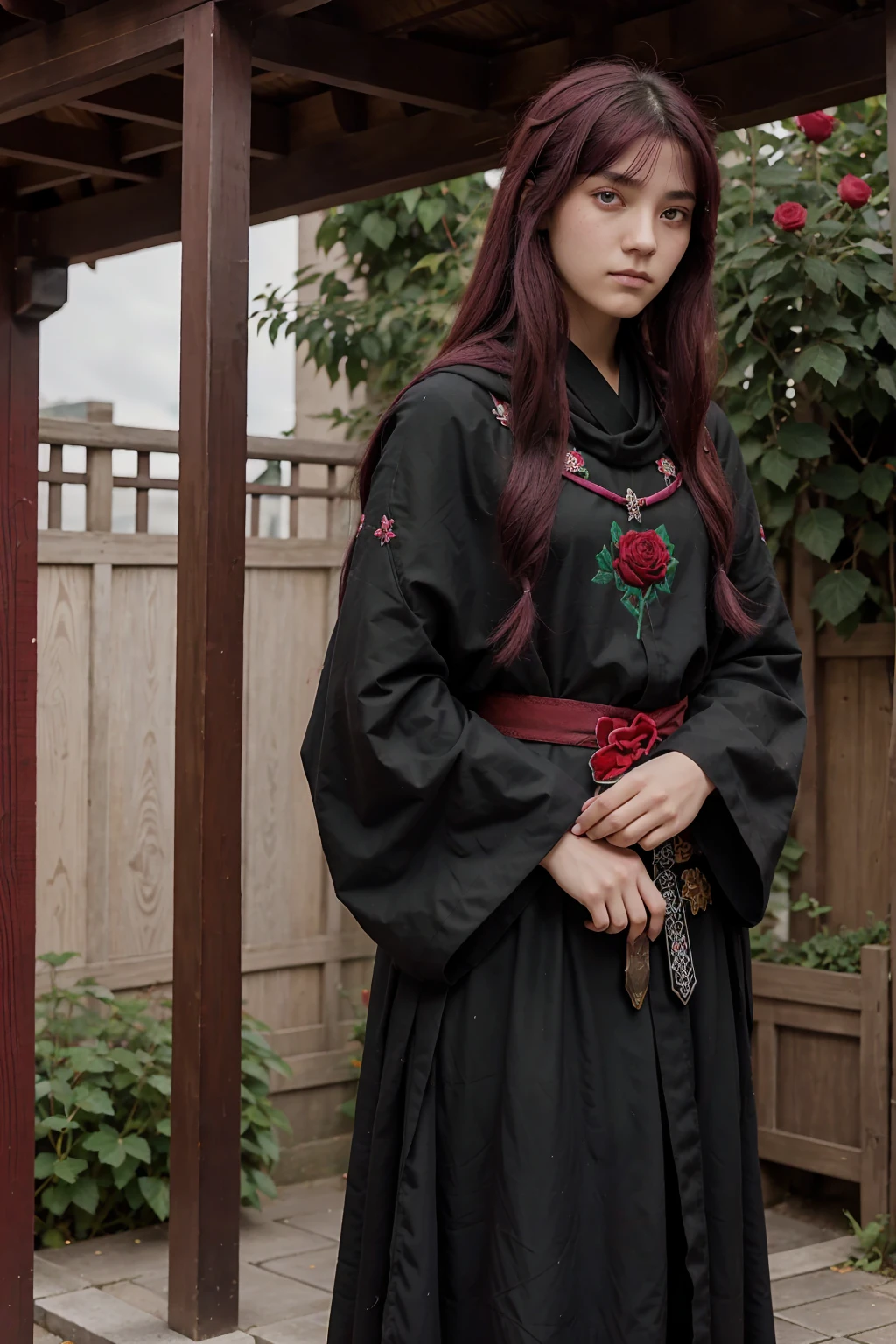 He was fourteen years old, with crimson eyes, reddish-purple hair, a black sword, and a hachima cloak embroidered with black and green squares. He was with his sister, who had rose-colored eyes and wore traditional Japanese clothing, pink in color, with black hair that ended in a rose-colored hue.