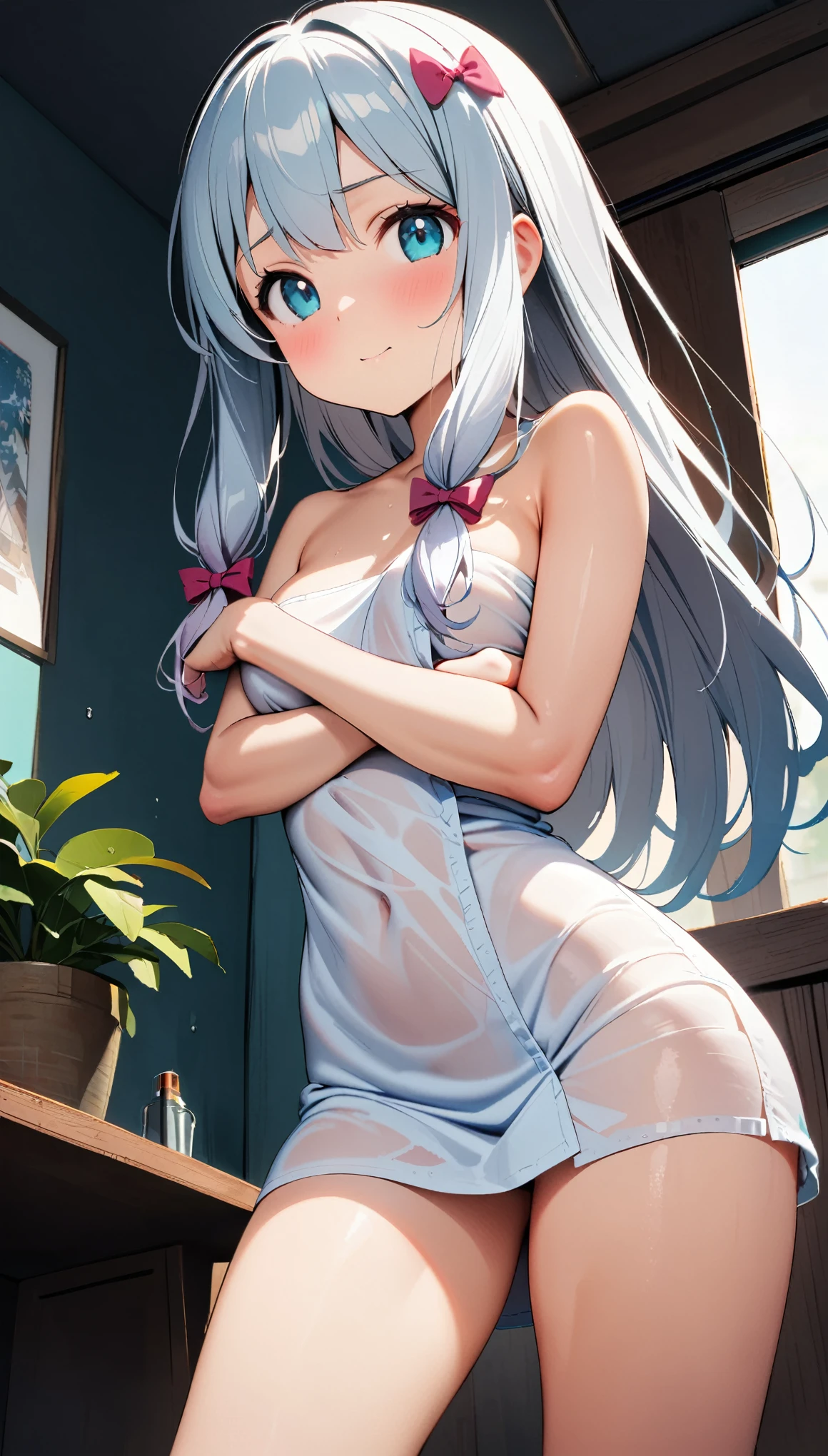 [1girl, Izumi Sagiri, eromanga sensei], Slender, small breasts, (breast hold), view at viewer, (Naked Towel, (see-through Naked Towel, Adhesive Naked Towel)), (wide view), (dynamic angle), Highest quality, Super detailed, masterpiece, Ultra-high resolution, 8k