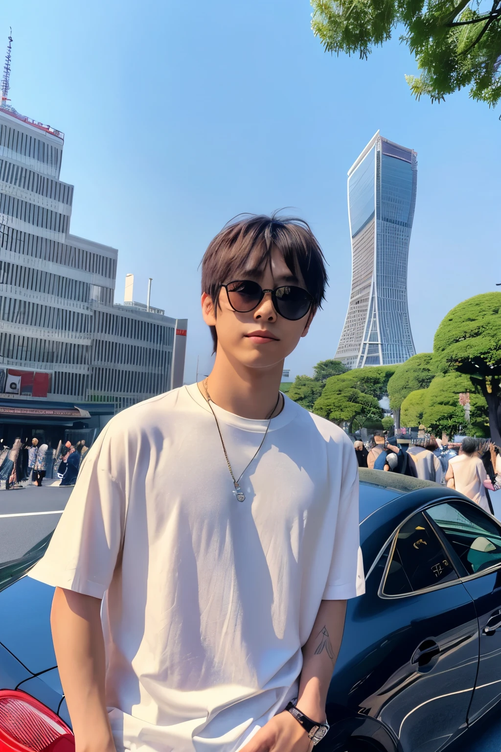 The main character's name is、This is Hiro。Hiro is a Japanese man in his 20s with silver hair and sunglasses。Background is Tokyo with Tokyo Tower in the background、Please make it nighttime。Make Hiro lean back against a Porsche car。Hiro is wearing long pants and a plain white T-shirt.。Make Hiro look like a rich guy overall