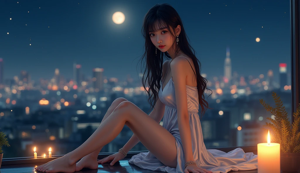 (32K:1.9, Highest quality, masterpiece, Ultra-high resolution), Professional camera work:1.6, Very detailedな肌と顔の質感:1.3, attractive肖像画:1.3, Very accurate, Very detailed, 1 adult Japanese female, ((Amazing night view from the rooftop, The moonlight at night illuminates my body)), (satin silver nightgown:0.5), Incredibly slim body, Fair skin, elegant, Expressions of sadness, (Big eyes that exude beautiful eroticism:0.8, Sad expression:1.0, I love you with all my heart:0.8, Open your mouth a little, lipstick, Feel the beautiful eroticism:0.8), (Wet dark brown medium length hair), Candles, Mid-chest, Earrings, necklace, bracelet, Sensual sitting position, (romantic, dramatic, mysterious), Object of admiration, format, artistic, Innovative, attractive, Stimulate the, Extreme, Tilt, ((Adult charm, Feminine charm, Hair blowing in the wind))