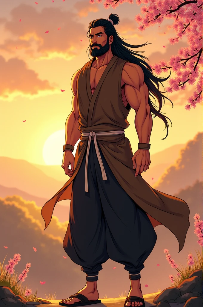 A male anime 48 years old adult with long black smooth hair with brown eyes and short black beard wearing an ancient asian brown no sleeved shirt, black baggy pants white belt and brown sandals