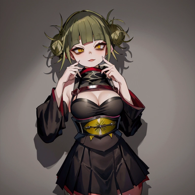 Himiko Toga,(Alone),(A girl alone:1.2),(Solo portrait of himiko toga:1.5),(Himiko togaMHA:1.5),(boku no hero academia),(short blonde hair with two messy pulps in her hair and yellow eyes with cat pupils)(Blonde hair:0.8),(short hair:0.9),(yellow eyes),(thin pupils),(Wearing),+,Wearing),+,(\A maid uniform with The apron is made of sheer, almost translucent black lace, which barely hides the maid's curvaceous body underneath. The front falls scandalously low, exposing the fullness of her breasts and most of her cleavage. Thin straps hold the apron in place, digging into your shoulders and drawing attention to your toned arms. Her corset is a slinky red number with built-in push-up cups that enhance her already impressive bust size. The corset has a deep V-neckline that disappears into the apron, emphasizing her ample cleavage. Thong-style laces crisscross her back, drawing attention to her narrow waist and the tantalizing hint of her ass. Her miniskirt is made from the same sheer lace as her apron, ending at mid-thigh to give a full view of her toned legs and the red garter belt wrapped around them. The garter belt supports fishnet stockings that ride up mid-thigh, adding a touch of fetish to the overall look. On her feet, she wears stiletto heels with ankle straps, enhancing her seductive and leggy appearance. Her hair is styled in loose, tousled waves, framing her face and drawing attention to her full lips, painted a bold crimson red. To complete the look, she uses a white duster as a prop, using it to tease and caress her own body in suggestive ways. The overall effect is one of unabashed, unapologetic sexuality packaged in a classic maid uniform that has become entirely explicit and provocative.)/,+,(\Facing the front of the fourth wall looking at the fourth wall:1.5)/