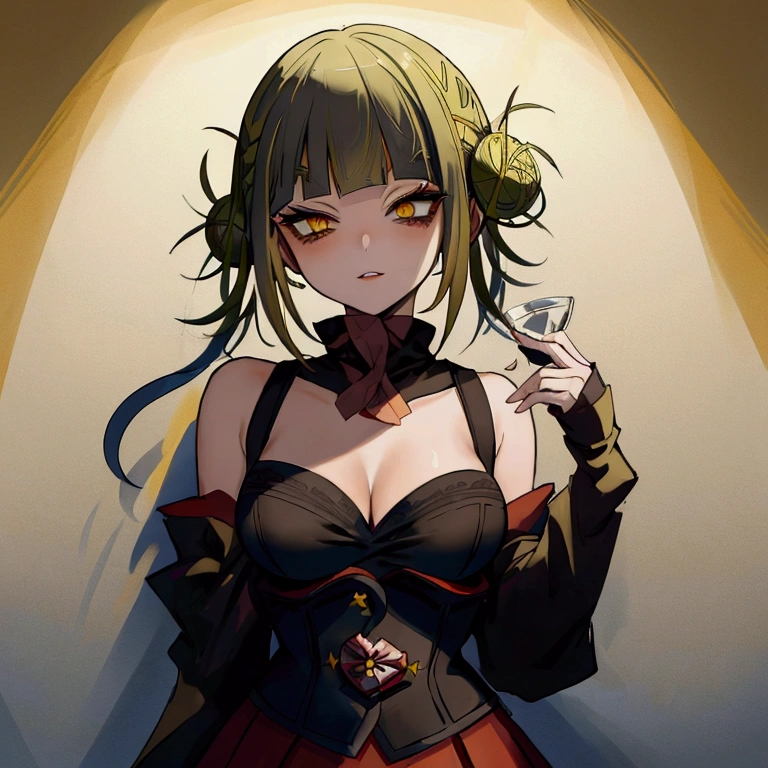 Himiko Toga,(Alone),(A girl alone:1.2),(Solo portrait of himiko toga:1.5),(Himiko togaMHA:1.5),(boku no hero academia),(short blonde hair with two messy pulps in her hair and yellow eyes with cat pupils)(Blonde hair:0.8),(short hair:0.9),(yellow eyes),(thin pupils),(Wearing),+,Wearing),+,(\A maid uniform with The apron is made of sheer, almost translucent black lace, which barely hides the maid's curvaceous body underneath. The front falls scandalously low, exposing the fullness of her breasts and most of her cleavage. Thin straps hold the apron in place, digging into your shoulders and drawing attention to your toned arms. Her corset is a slinky red number with built-in push-up cups that enhance her already impressive bust size. The corset has a deep V-neckline that disappears into the apron, emphasizing her ample cleavage. Thong-style laces crisscross her back, drawing attention to her narrow waist and the tantalizing hint of her ass. Her miniskirt is made from the same sheer lace as her apron, ending at mid-thigh to give a full view of her toned legs and the red garter belt wrapped around them. The garter belt supports fishnet stockings that ride up mid-thigh, adding a touch of fetish to the overall look. On her feet, she wears stiletto heels with ankle straps, enhancing her seductive and leggy appearance. Her hair is styled in loose, tousled waves, framing her face and drawing attention to her full lips, painted a bold crimson red. To complete the look, she uses a white duster as a prop, using it to tease and caress her own body in suggestive ways. The overall effect is one of unabashed, unapologetic sexuality packaged in a classic maid uniform that has become entirely explicit and provocative.)/,+,(\Facing the front of the fourth wall looking at the fourth wall:1.5)/