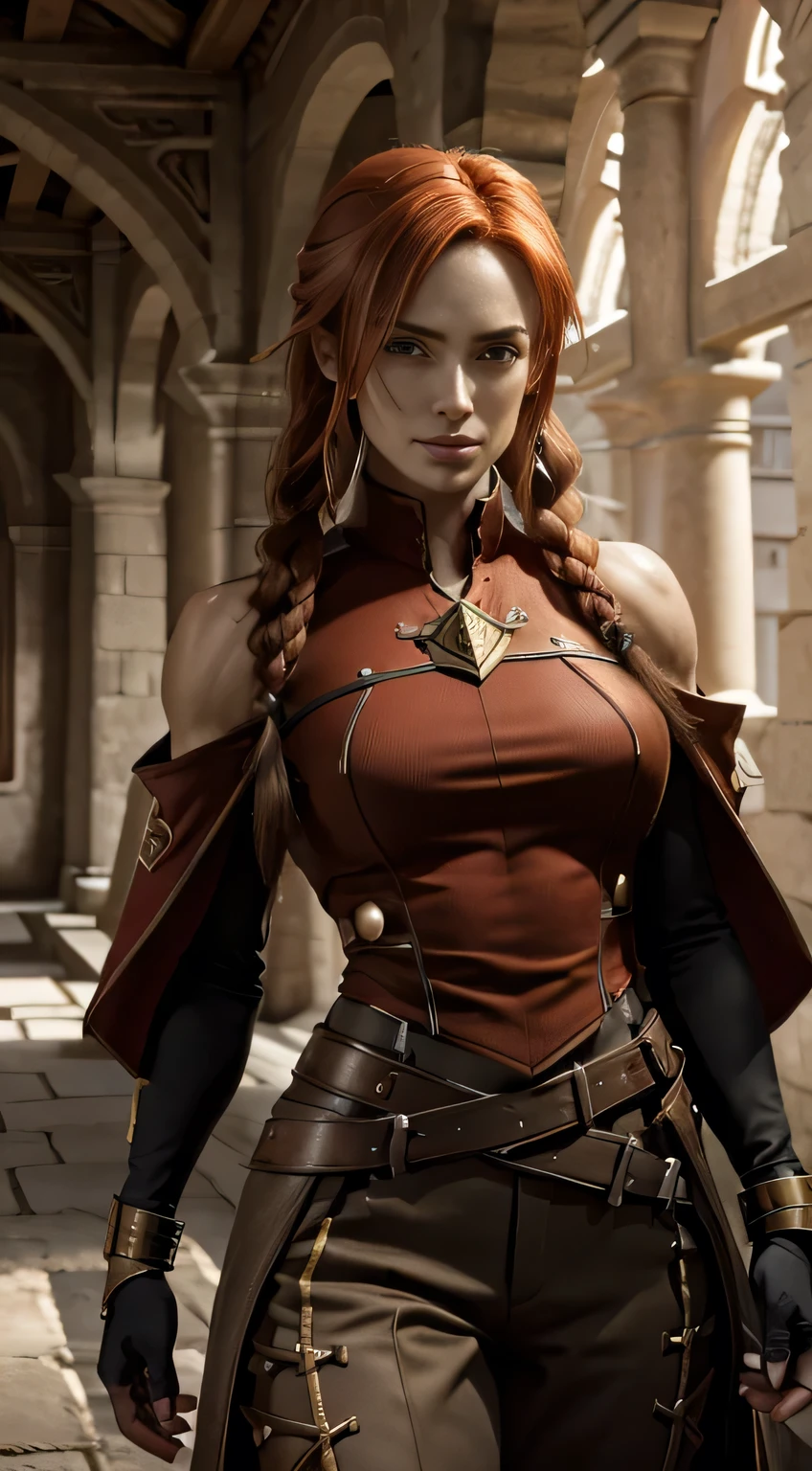 1 girl, game cg, ((red tunic, gold trim)), gray trousers, detached sleeves, fingerless gloves, small breasts, ((red hair)), bob hairstyle, medium hair, ((twin_low_braids)), pointed ears, yellow eyes, smile, outside, night time, castle, historic setting , warm lighting, very tall, (((brown skin))), (muscular), ((broad shoulders, narrow hips)), bare shoulders, shy, hair over left eye , caity lotz , good lighting 