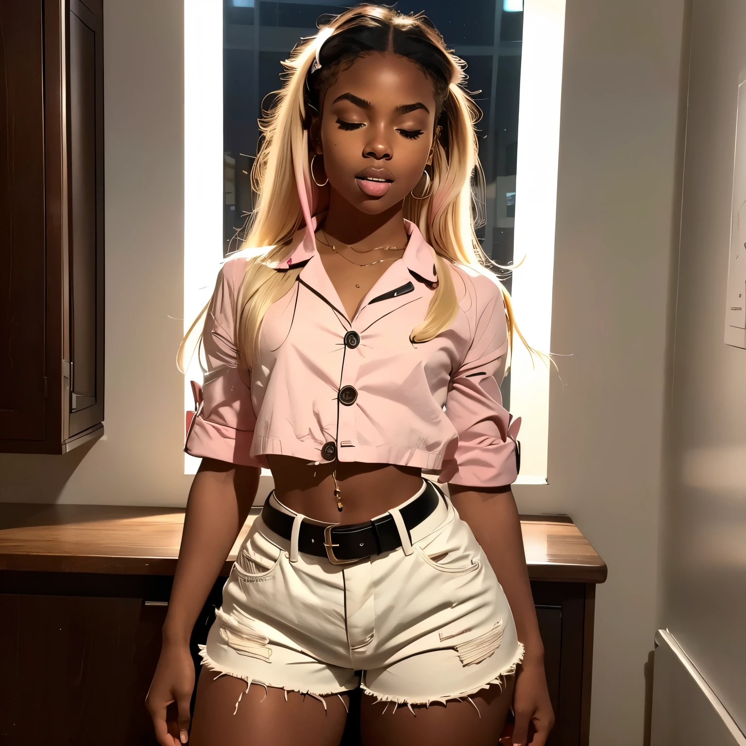 in classroom, (18 years old), (dark skin), dark skin, wide shot, blond hair, orgasm, (white button down top, pink shorts with belt), (Masterpiece, Professional lighting, 16k, 8k wallpaper, raw photo, photorealistic:1.8, ultra detailed, natural lighting, detailed skin sexy pose, open mouth, big lips, night time, eyes closed, magic energy, neon light, orgasm, screaming, narrow shoulders, thick thighs