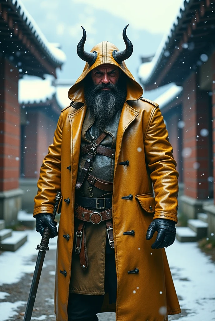Dynamic combat pose bearded devil oni warrior golden intricate details insanely leather raincoat hooded, armored with a sword in his hand, , close-up portrait, 3D effect ultra-detailed intricate insanely full HD, golden ratio, volumetric modeling, surrounded by temple garden, spotlight embroidery, accents, intense gaze, digital painting cinematic film light, expressive eyes, ultra-realistic, ultra detailed, photorealistic, , , low-angle shot,broken red bricks wall behind with intricate details of the diorama , dramatic angle, extreme angle shot, wide-angle shot, close-up shotTired and cold expression in his face and eyes but inner grin Bearded mountain man snow covered ground, surrounded by frozen peaks, hyperrealist artwork by Iván Pili, photorealistic digital painting, accents, Green wool hat, , lens flare, at the top, , panoramic shot, His eyes have the spark of life, storm of snow at night, beard grey, , adventure, western, wild west, horror, let it snow,
