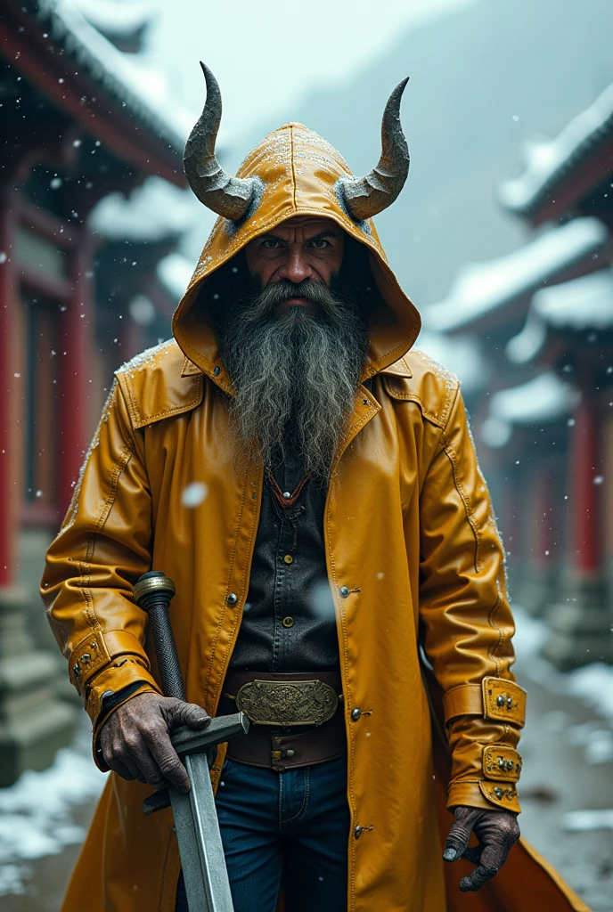 Dynamic combat pose bearded devil oni warrior golden intricate details insanely leather raincoat hooded, armored with a sword in his hand, , close-up portrait, 3D effect ultra-detailed intricate insanely full HD, golden ratio, volumetric modeling, surrounded by temple garden, spotlight embroidery, accents, intense gaze, digital painting cinematic film light, expressive eyes, ultra-realistic, ultra detailed, photorealistic, , , low-angle shot,broken red bricks wall behind with intricate details of the diorama , dramatic angle, extreme angle shot, wide-angle shot, close-up shotTired and cold expression in his face and eyes but inner grin Bearded mountain man snow covered ground, surrounded by frozen peaks, hyperrealist artwork by Iván Pili, photorealistic digital painting, accents, Green wool hat, , lens flare, at the top, , panoramic shot, His eyes have the spark of life, storm of snow at night, beard grey, , adventure, western, wild west, horror, let it snow,