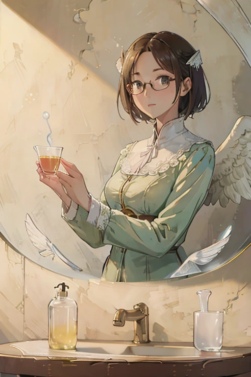 Highest quality、masterpiece、High sensitivity、High resolution、Detailed Description、Slender women、A cup bust、Glasses、Circle of angels overhead、Large wings of an angel、Barren land、Floating in the air、