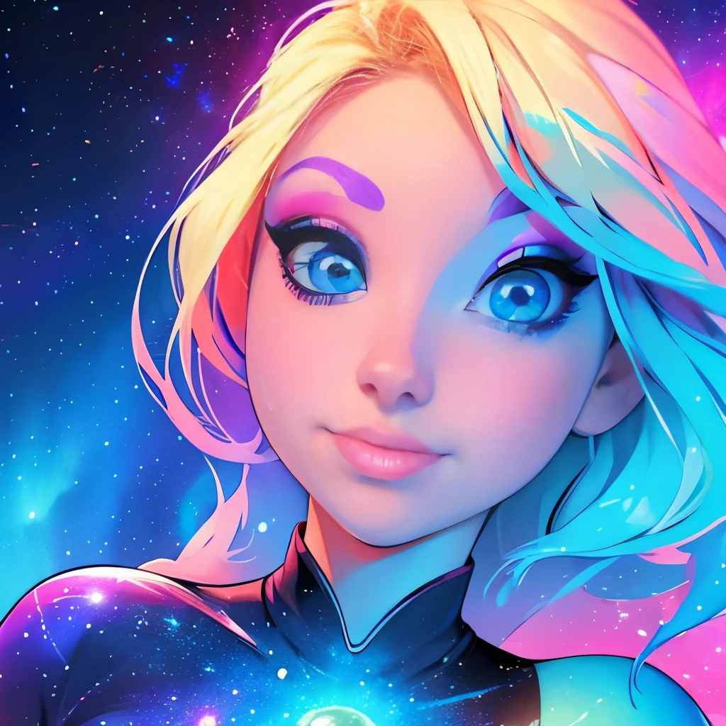 blond woman with blue eyes and a colorful dress posing for a picture, blonde girl in a cosmic dress, “ femme on a galactic shore, young beautiful amouranth, cosmic and colorful, her face looks like an orchid, aurora colored hair, colorful rave makeup, she looks like a mix of grimes, “uwu the prismatic person, cosmic girl, acid pixie