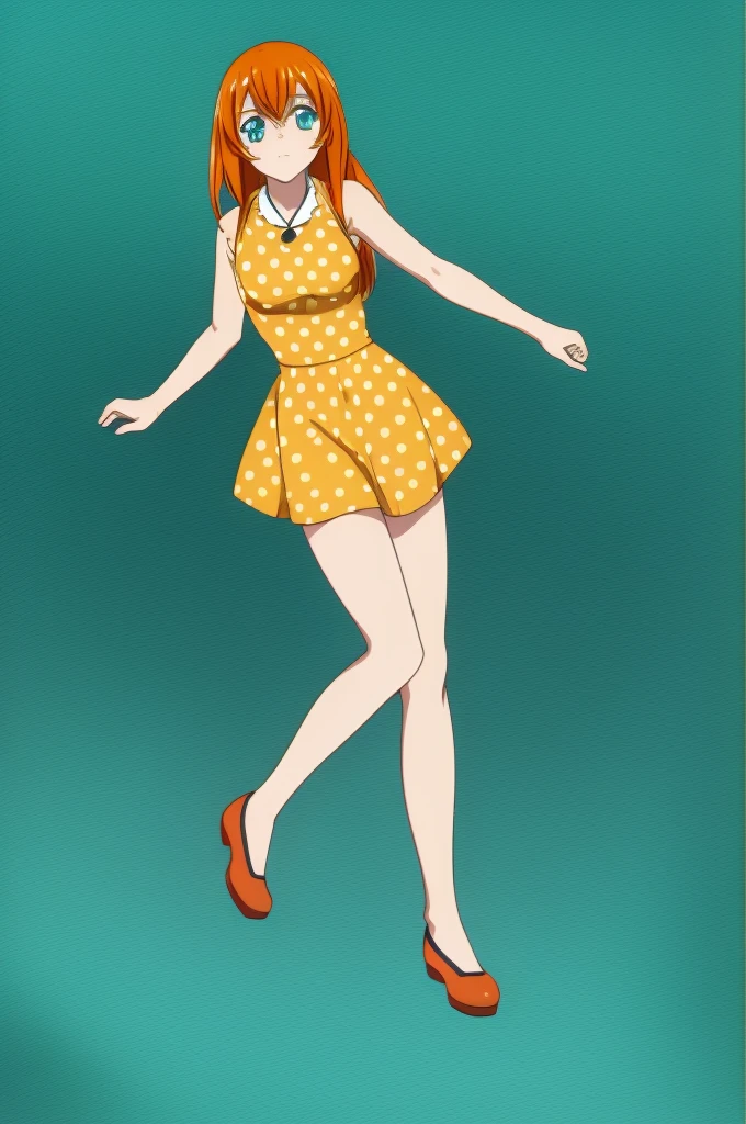 Hakufu Sonsaku, 1girl, long hair, solo, orange hair, , full body, looking at viewer, yellow polka dot dress, aqua eyes,full body, looking at viewer,