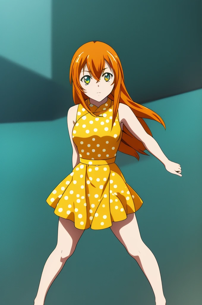 Hakufu Sonsaku, 1girl, long hair, solo, orange hair, , full body, looking at viewer, yellow polka dot dress, aqua eyes,full body, looking at viewer,